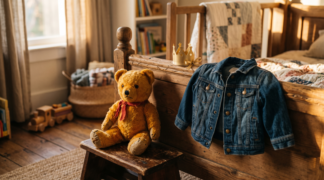 A small gold paper crown and a child's denim jacket on a crib rail above a teddy bear seated on a wooden step stool in warm window light