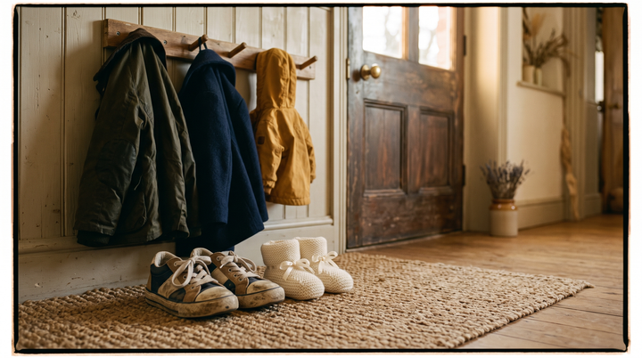 A toddler's sneakers beside tiny knitted booties on a doormat below coat pegs holding two coats and a small jacket with one peg left empty