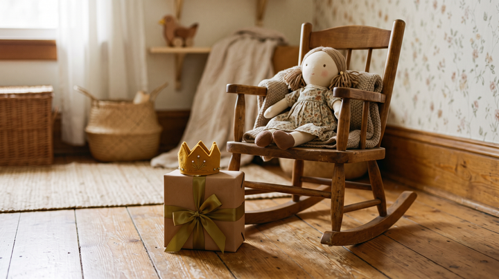 A ribbon-tied gift box topped with a small felt crown next to a rag doll seated in a child-size rocking chair in warm morning light