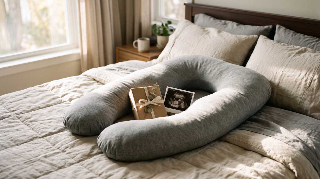 A pregnancy pillow on a made bed with a wrapped gift box and a sonogram print in warm morning light