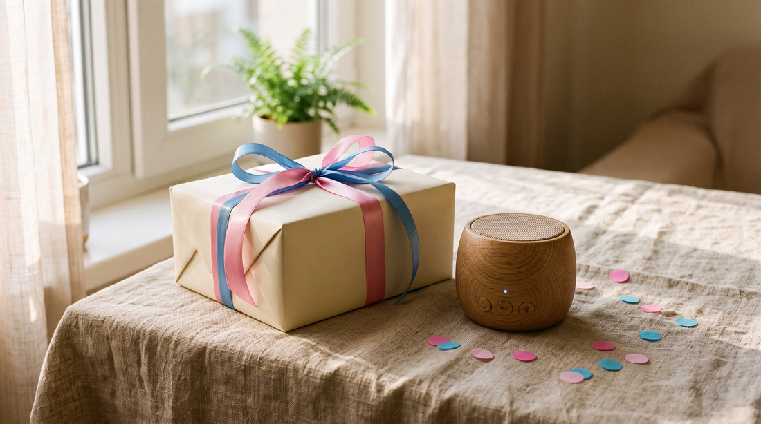 A cream gift box tied with one pink and one blue ribbon beside a small wooden speaker on a linen tablecloth