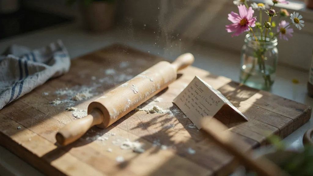 A flour-dusted rolling pin on a worn wooden board beside a handwritten recipe card in warm afternoon light