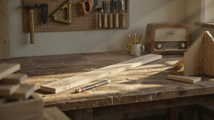 A pencil-marked pine plank and sawdust on a workshop bench in window light — tribute song for a father who has passed