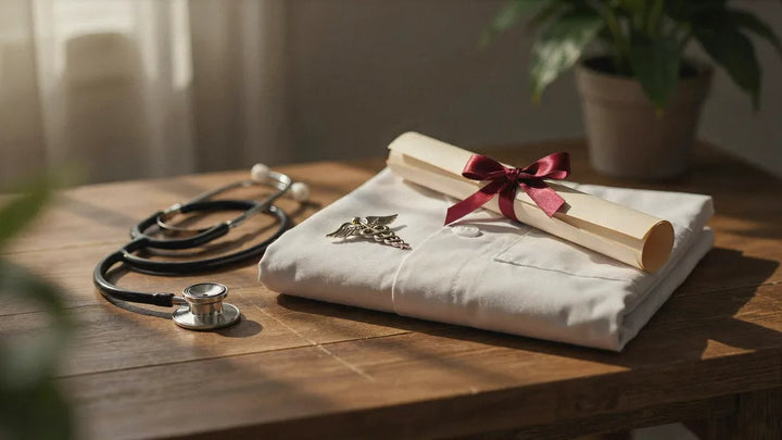 A folded white nursing coat with a nursing pin, diploma scroll, and stethoscope in warm window light
