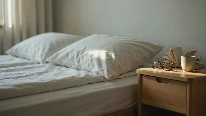 A bed with two pillows and a single nightstand in soft morning light