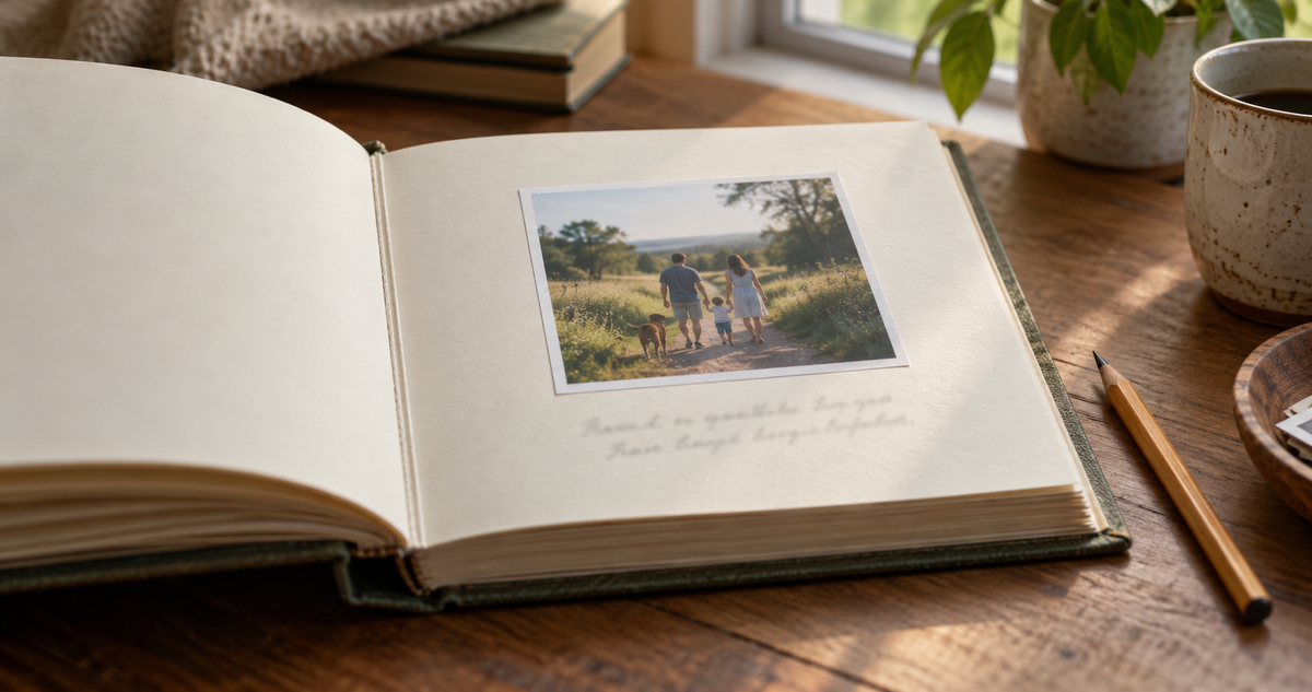 Illustrative open memory book with a photograph and an unreadable handwritten caption on a wooden desk
