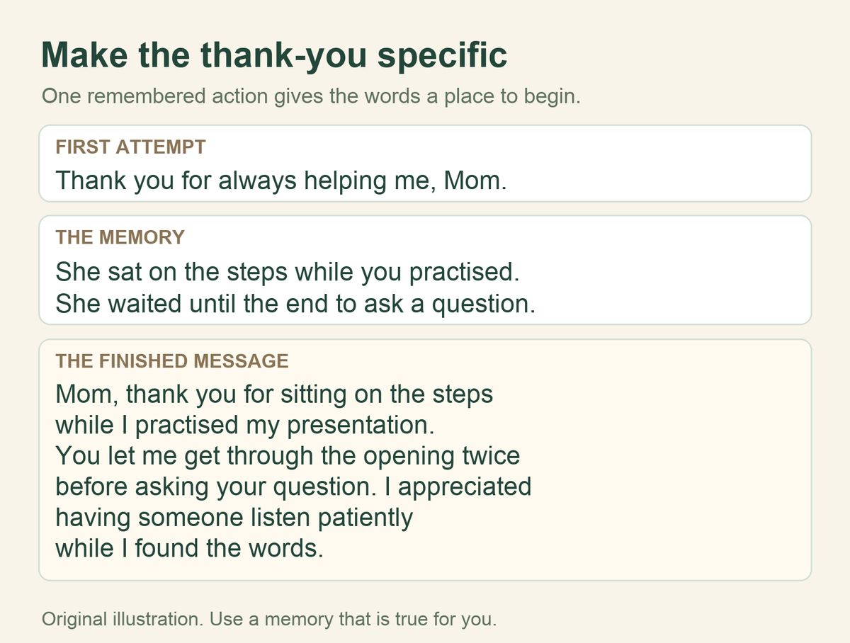 Worked thank-you edit: general thanks becomes a specific message about Mom listening to a presentation practice.