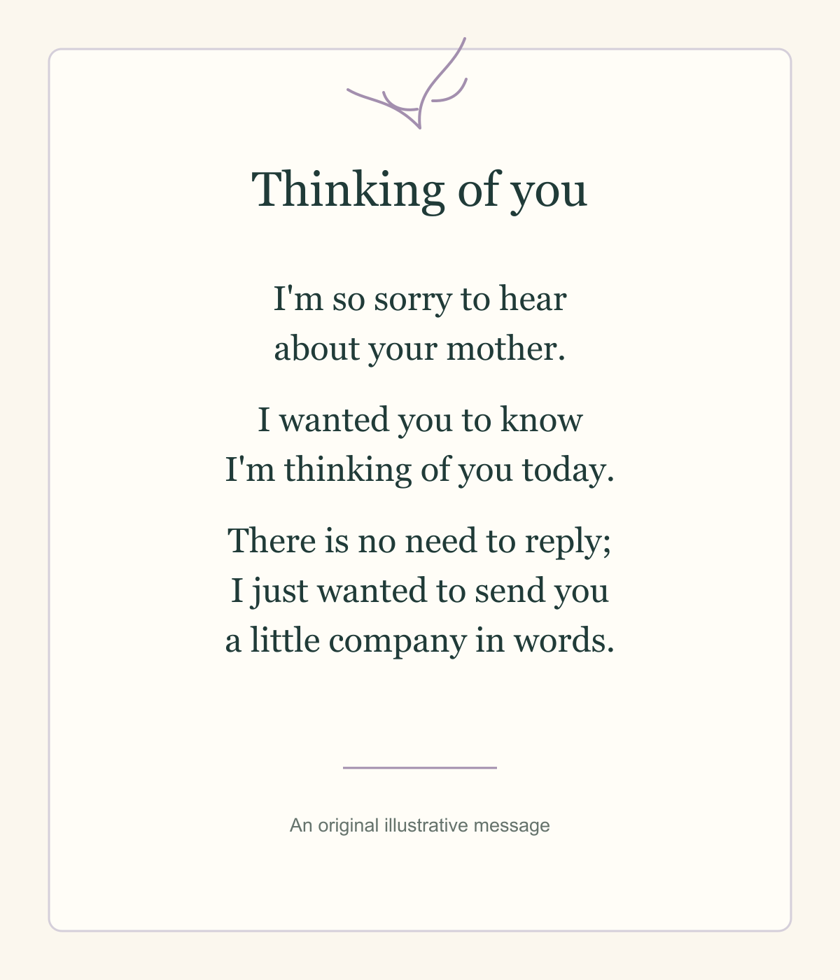 Original illustrative sympathy card with a short message acknowledging the loss of a mother