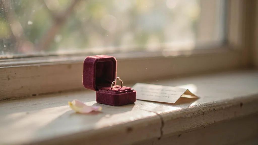 A small silver promise ring in an open box beside a folded note on a windowsill in soft morning light
