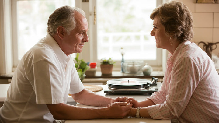 An older couple holding hands at home as a song plays