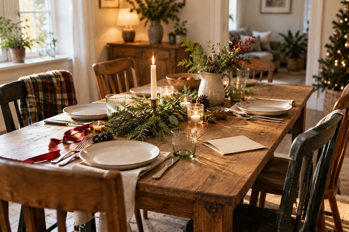 Illustrative Christmas table with mismatched chairs and a note, for an original lyric example.