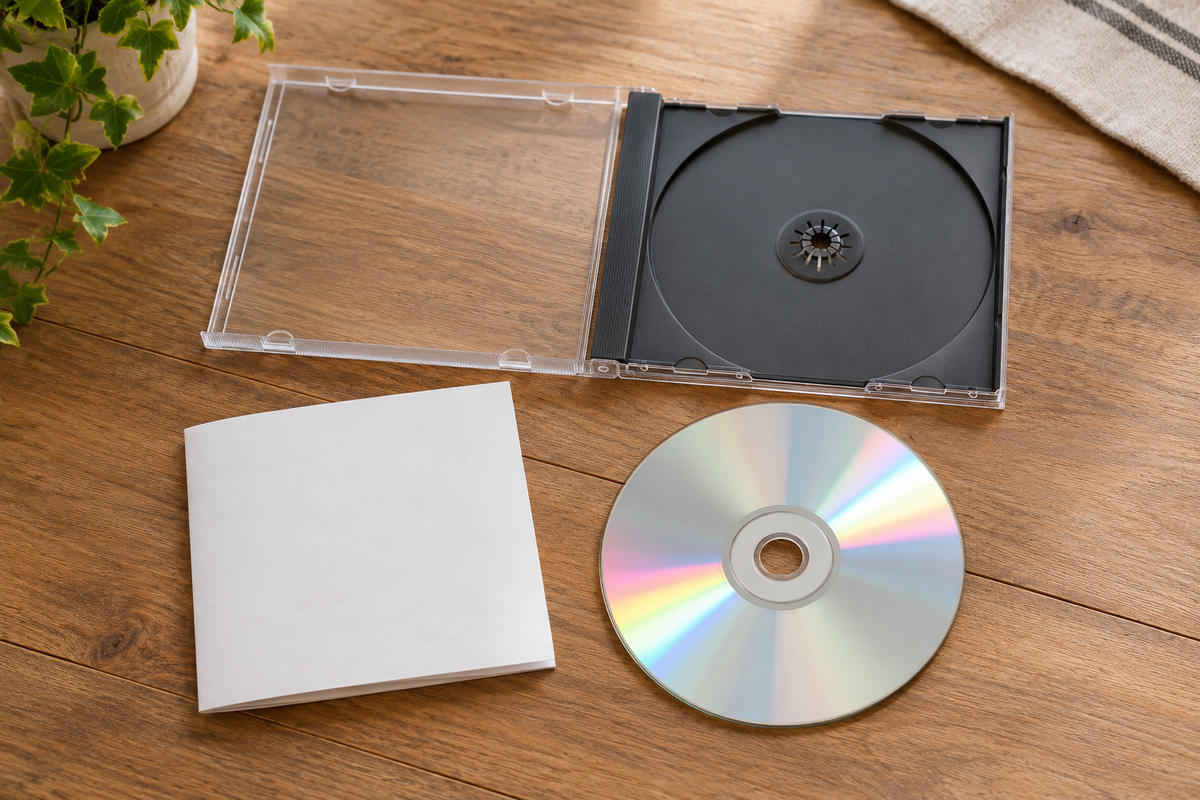 Illustrative silver CD beside an open clear jewel case and a blank paper booklet on a wooden table.