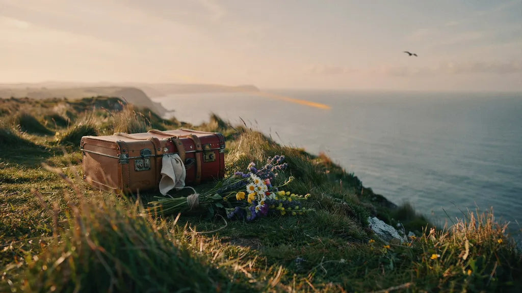 Two small vintage suitcases and a wildflower bouquet on a coastal cliff at sunset
