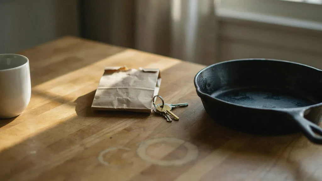 Cast-iron skillet, a folded hardware-store paper bag, and house keys on a wooden table in soft morning light