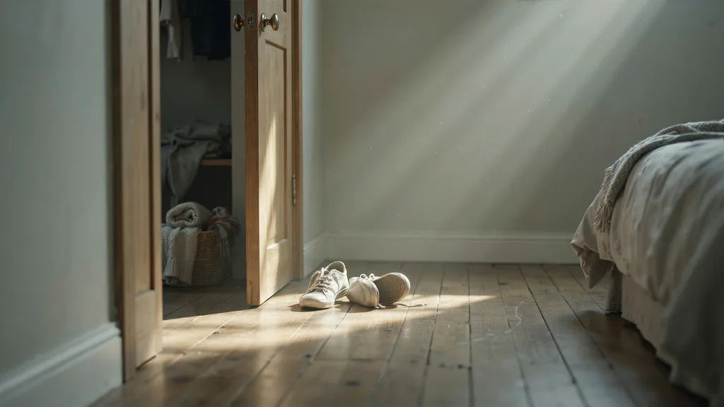 An open closet door with soft morning light falling across a wooden floor