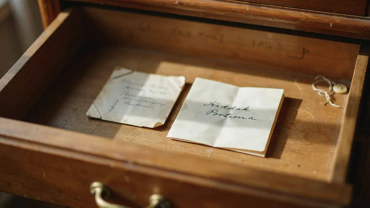 A handwritten note kept in a drawer, two names visible, one well-worn and one newly written
