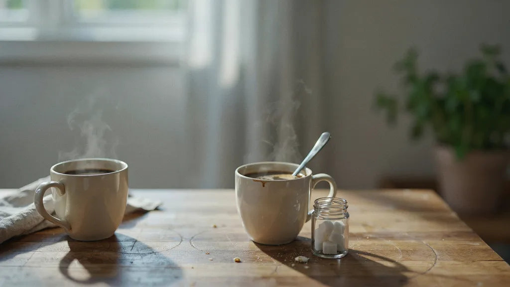 Two coffee mugs on a kitchen table, one untouched, in gray morning light