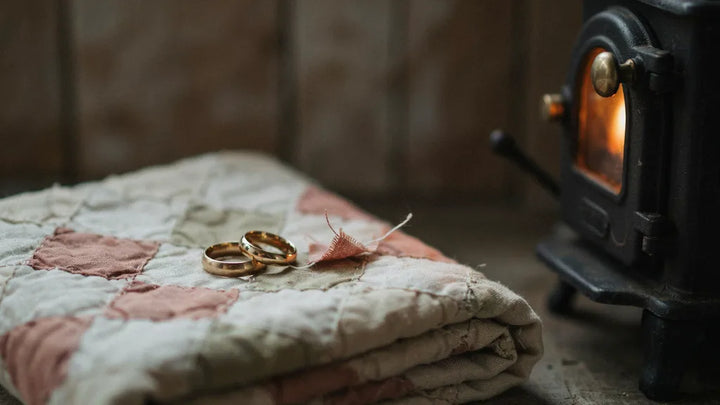 Two gold wedding rings on a quilt near a stove, warm light