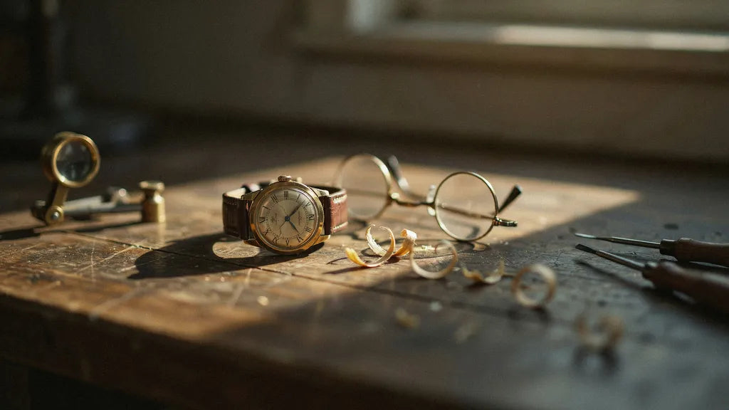A worn wristwatch and reading glasses on an old wooden workbench in warm afternoon light