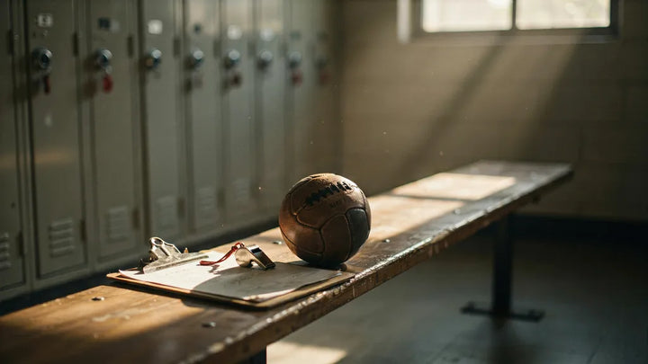 A coach's whistle and clipboard resting on a wooden bench beside a scuffed team ball in warm light