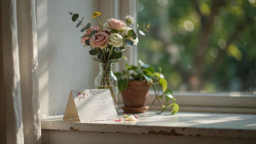 A handwritten get-well card leaning on a vase of flowers by a sunny window
