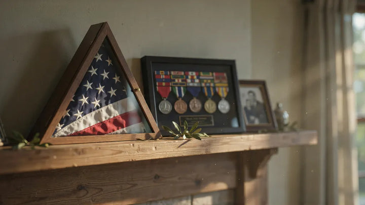 A folded flag in a display case and a shadowbox of military medals on a wooden mantel in warm light