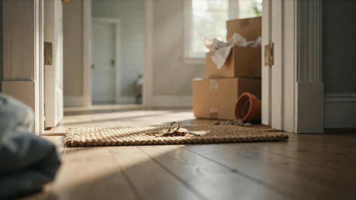 New brass house keys on a welcome mat beside moving boxes in a sunlit new home