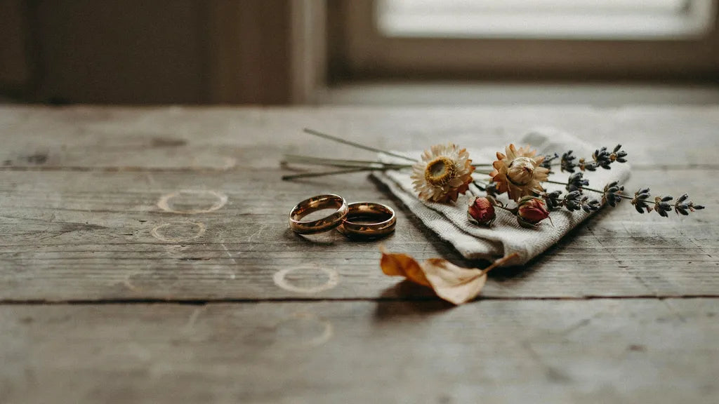 Two gold wedding bands resting on a weathered wooden table beside dried autumn flowers in soft afternoon light