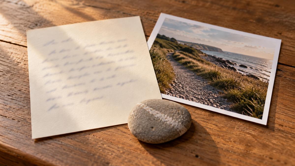 Illustrative memory gift: a personal note, a coastal photograph and a small keepsake stone.