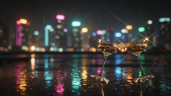 Two champagne coupes clinking in a toast against soft neon city lights at night