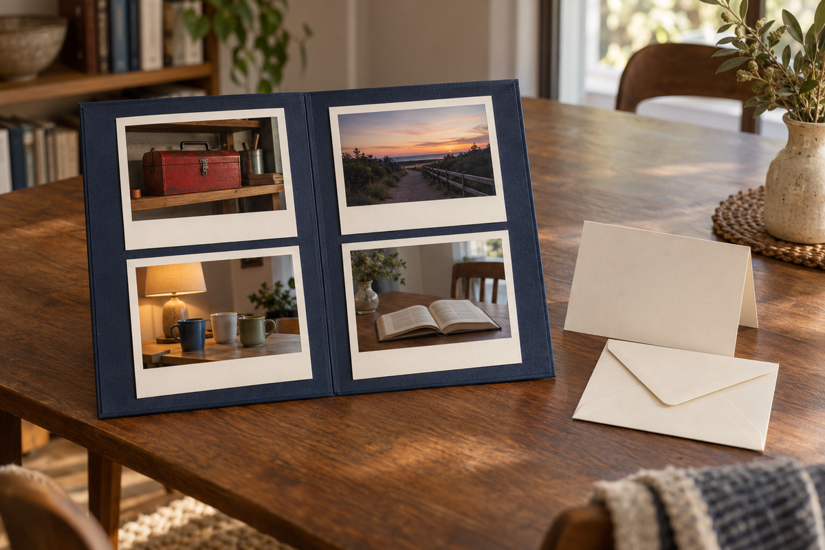 Illustrative four-photo memory folio with a red toolbox, a footpath, mugs, a book and a note envelope.