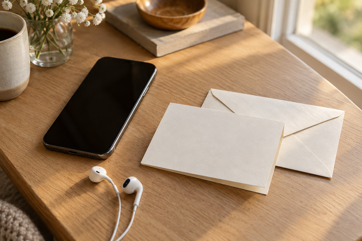 Illustrative song-dedication setup with a phone, earbuds, a card and an envelope; no playback is shown.