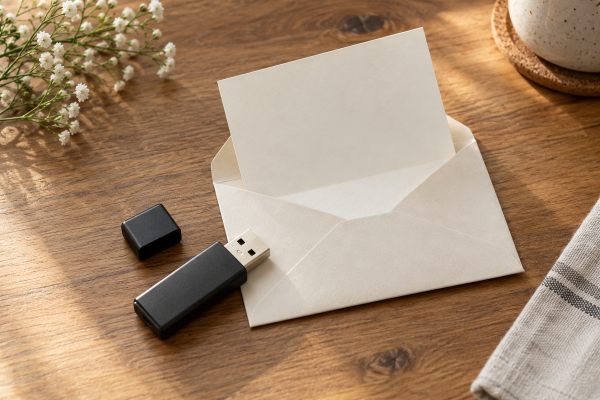Illustrative unbranded USB flash drive and cap beside a blank recipient card and envelope on a wooden table.