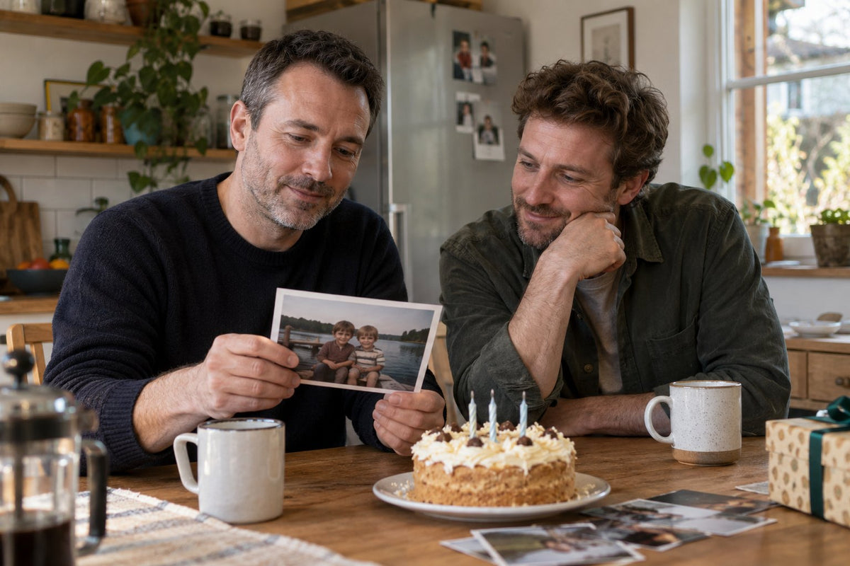 Two men sharing a photograph beside a birthday cake.