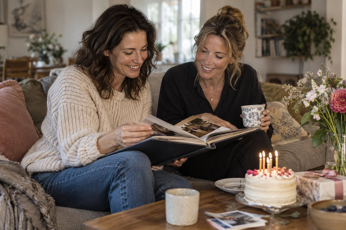 Two women looking through a photo album beside a birthday cake.