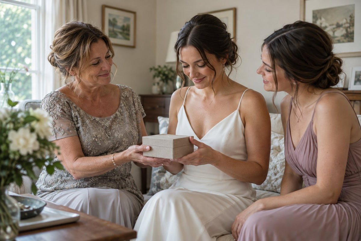 A bride sharing a small keepsake with two women before a wedding.
