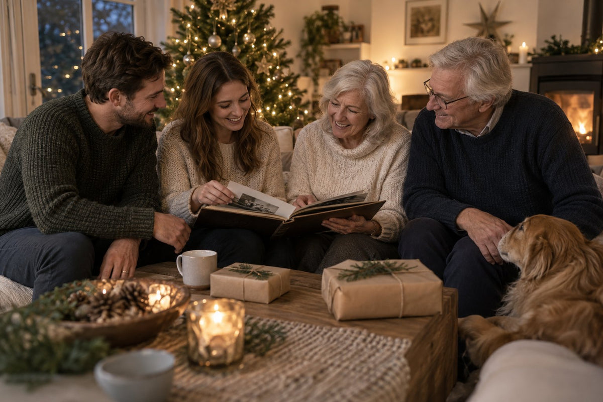 An adult family sharing a photo album beside a Christmas tree.