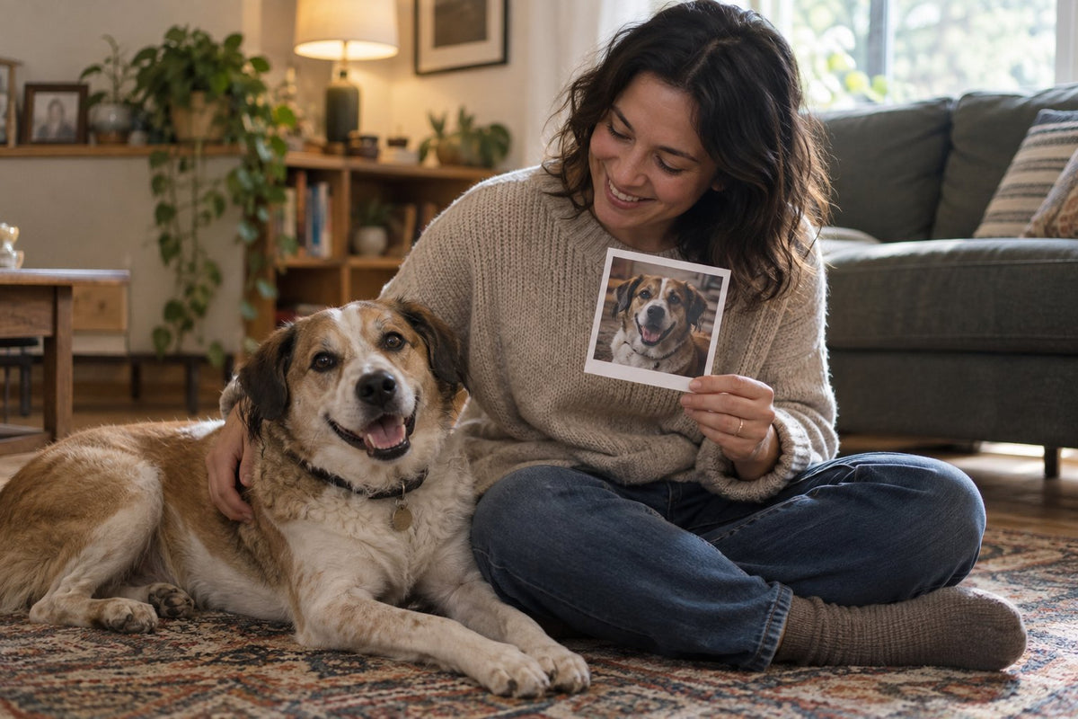 A woman holding a photograph while sitting beside her dog.