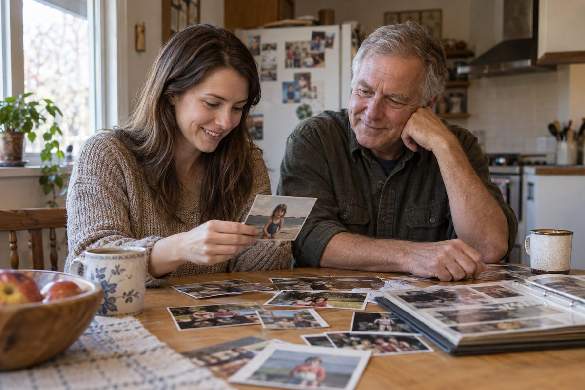 A father and adult daughter looking at family photographs.