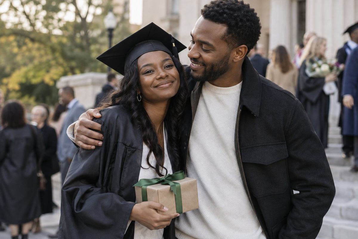 A graduate with a relative holding a small wrapped gift outdoors.
