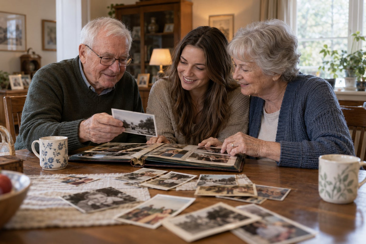 Two older adults and a younger relative sharing family photographs.
