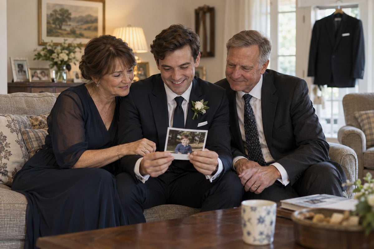 A groom and two older relatives looking at a photograph before a wedding.