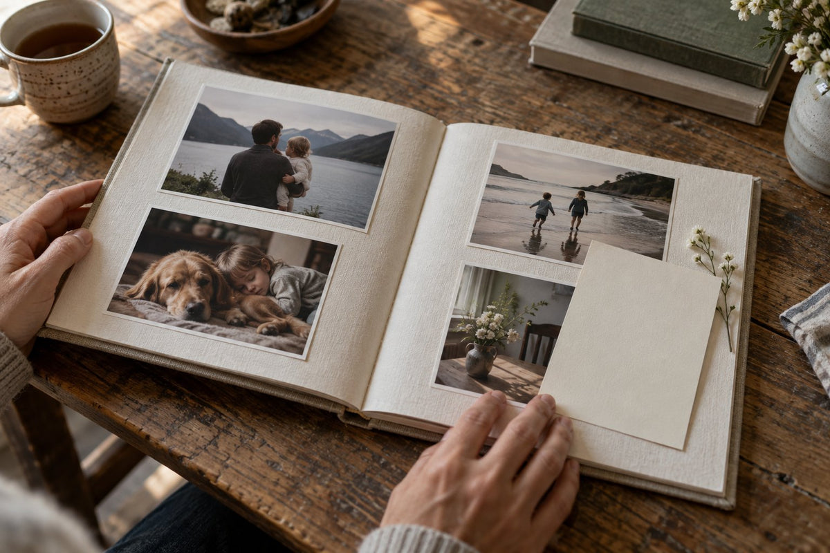An open photo album with family photographs on a wooden table.