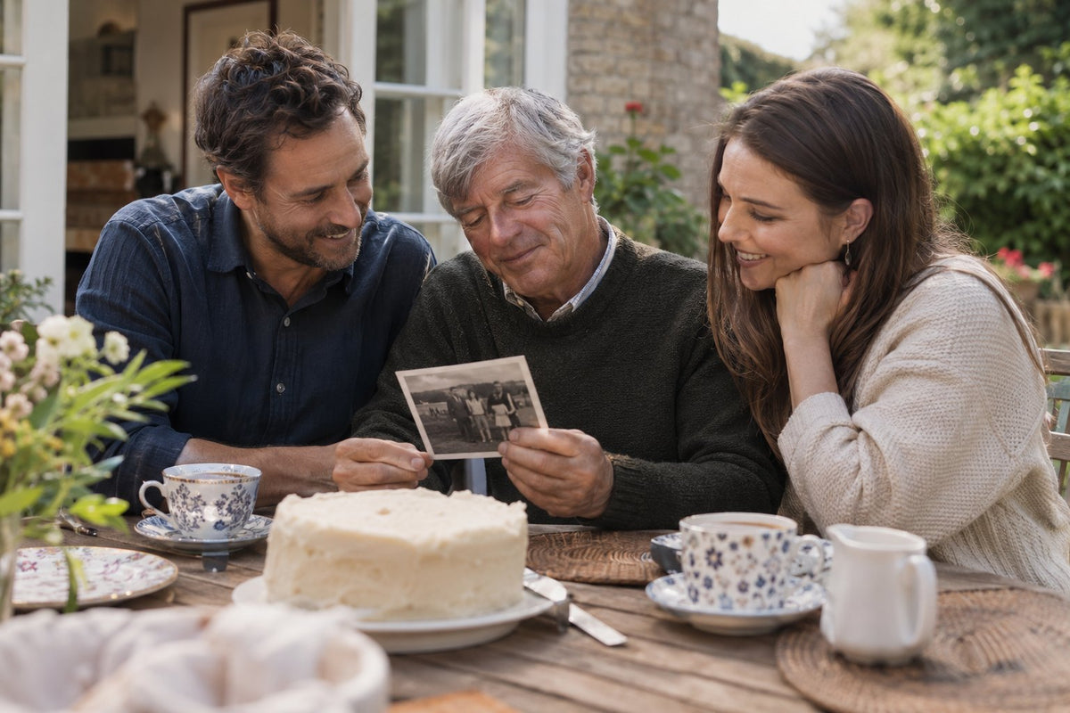 A man and adult relatives looking at a photograph beside a birthday cake.