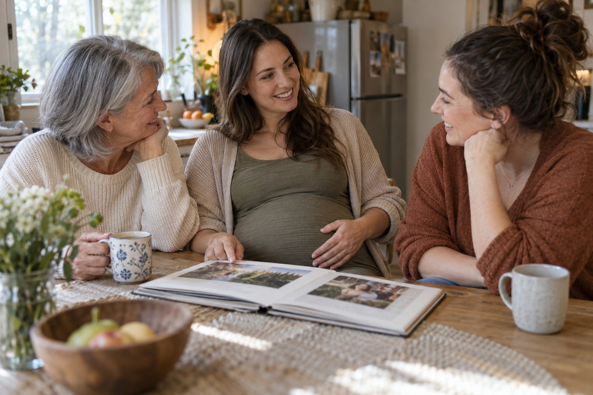 Three women sharing a family album around a kitchen table.