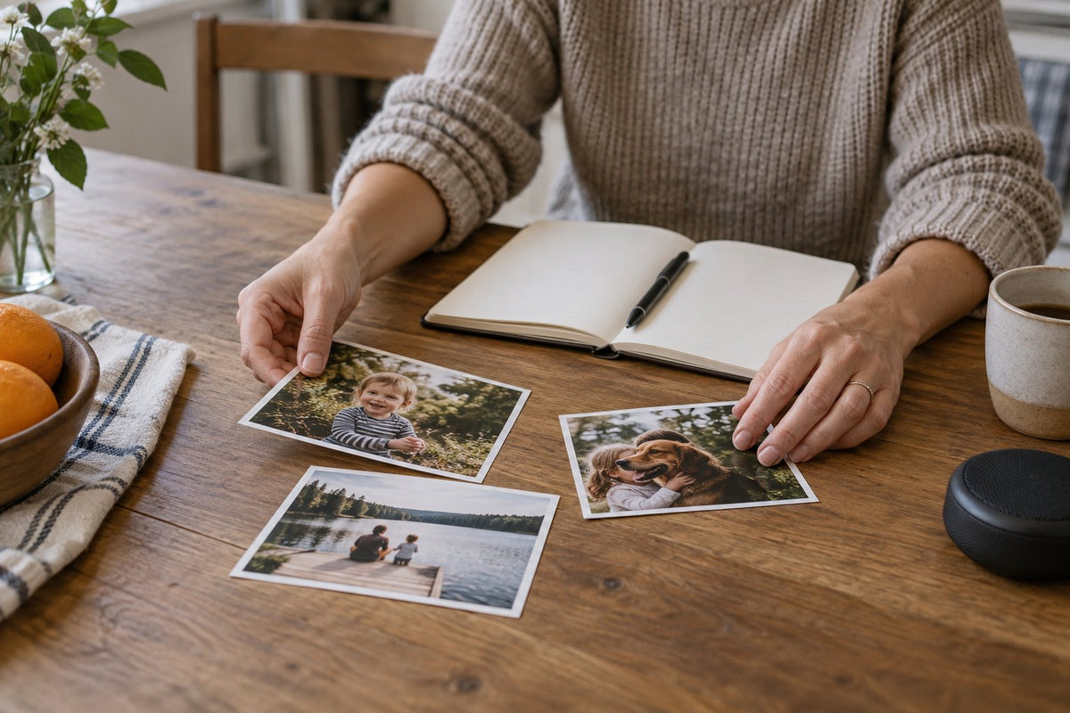 Hands arranging printed family photographs beside a blank notebook and pen.