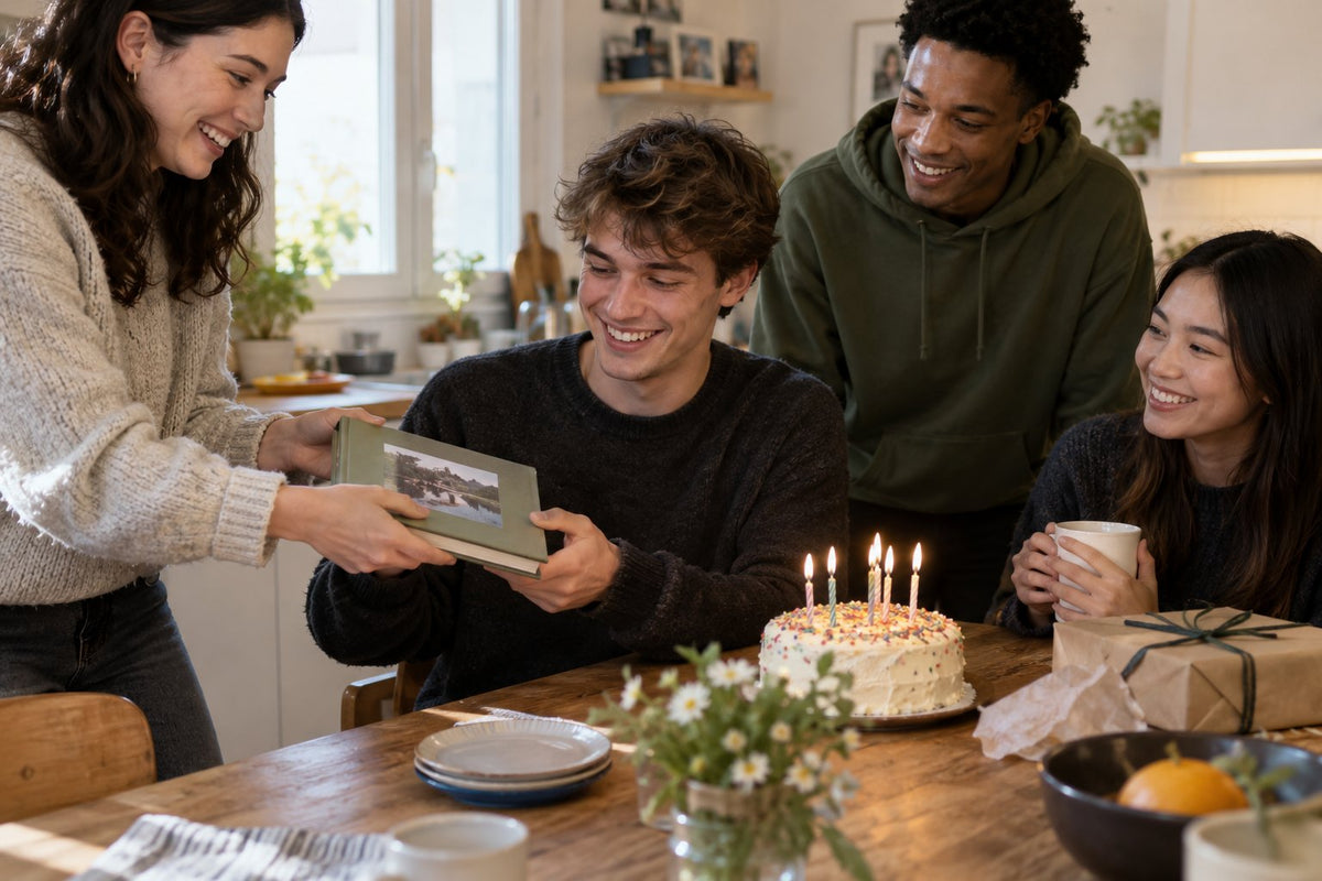 Friends sharing photographs around a birthday cake at a kitchen table.