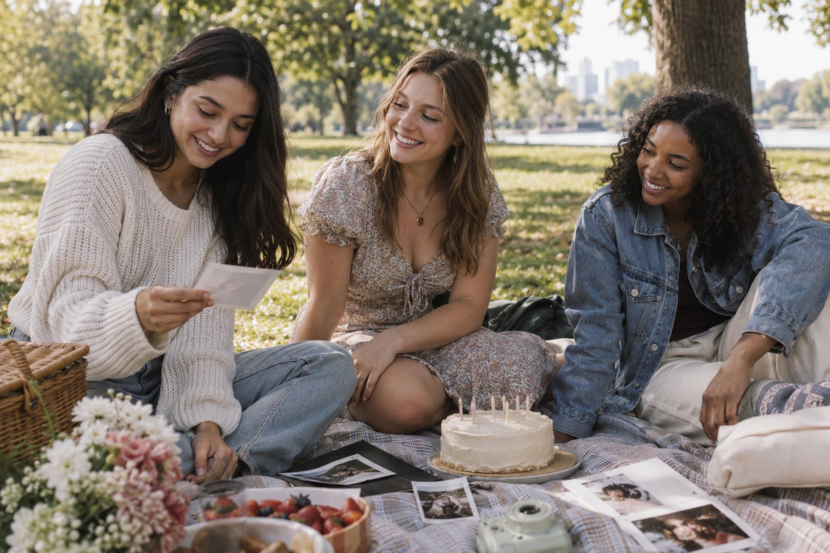 Three young adults sharing a birthday picnic in a park.