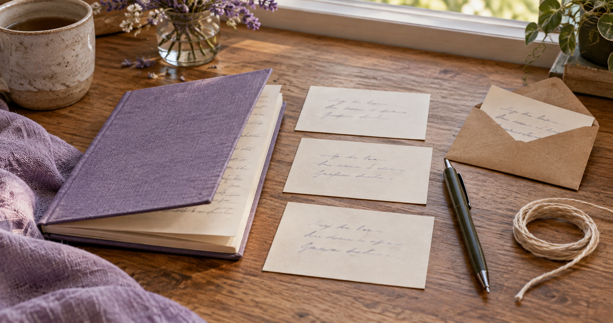 Illustrative idea notebook with three scene cards, a pen and an opening-note envelope on a wooden desk
