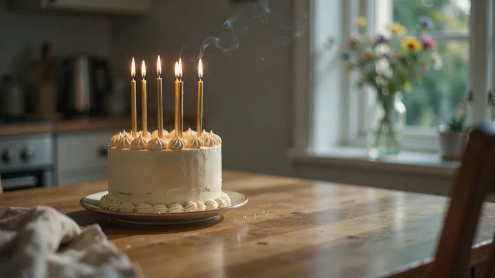 A birthday cake with five gold candles glowing on a wooden table in warm light